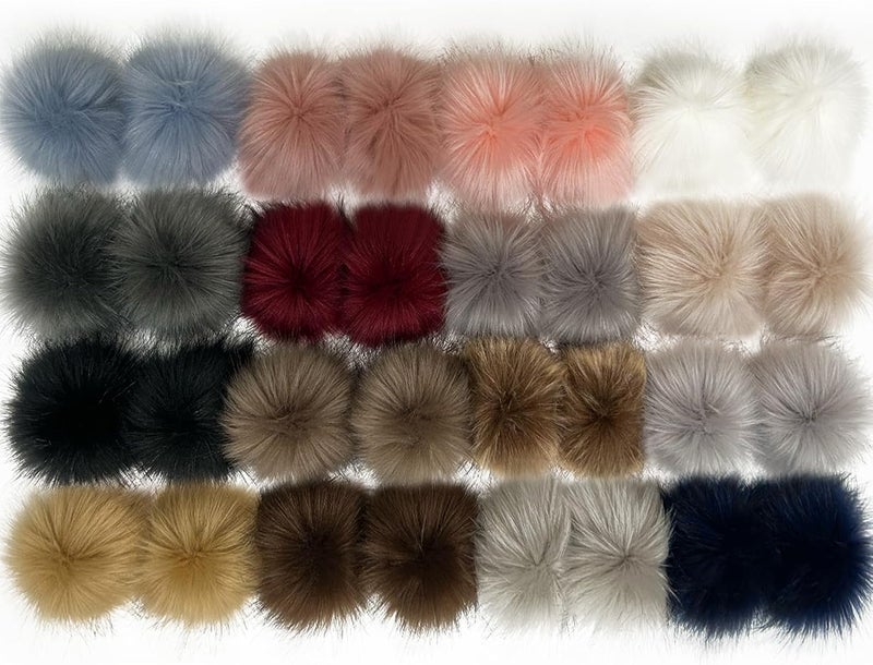 Allruyee 32 Pieces Pom Pom Faux Fur Pom Pom for Hats, Keychains, Scarves, Gloves & Bags Accessories with Elastic Loop, 16 Colours - Image 1